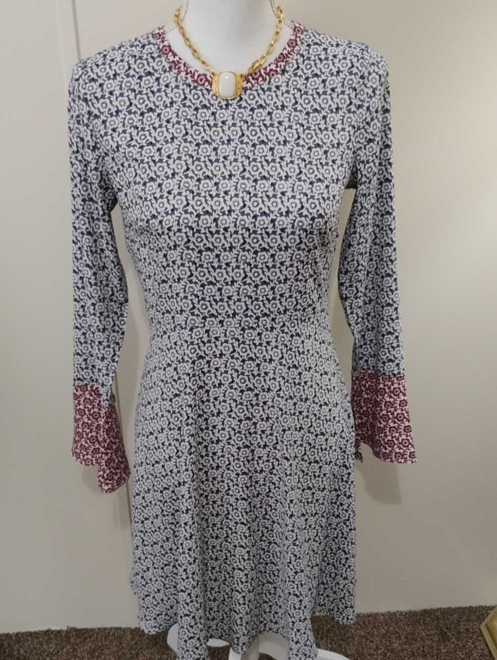 LOFT Navy and White Floral Midi Dress with Wine Trim
